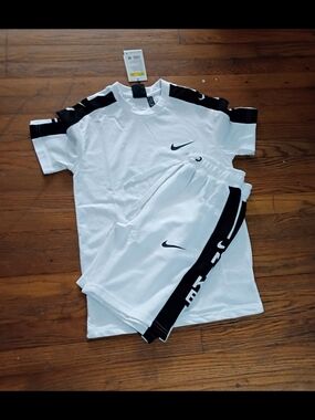 Nike White & Black Boys' Short Sleeve Tee and Shorts Set
